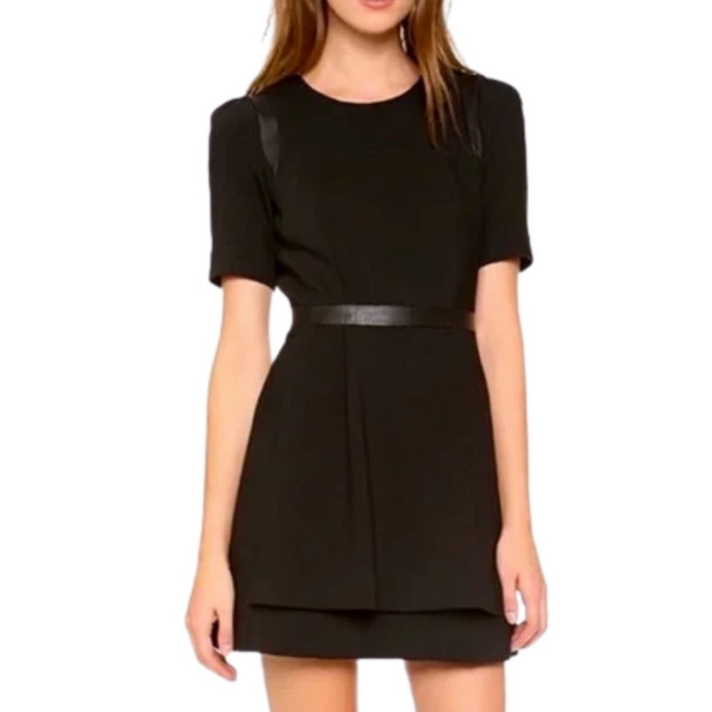 Milly Wool Black Leather Mini Dress Romper Pockets Exposed Zipper Short Sleeve 4